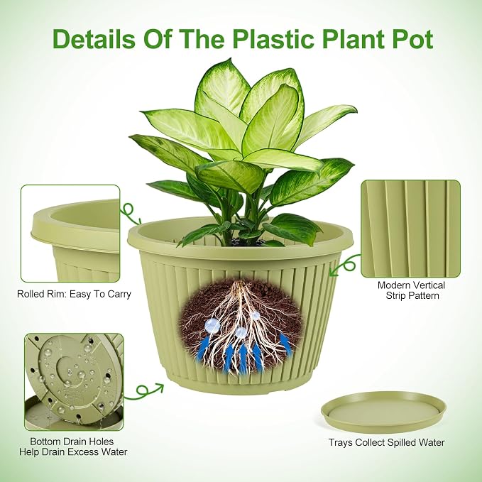12-inch-Planters-for-Outdoor-Plant，Plastic Indoor Flower Pots with Drainage Holes & Saucer，4 Packs Decorative Garden Pots for Plantfor Home Porch Decor