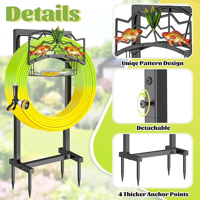 Freestanding Garden Hose Holder, Heavy Duty Black Metal Hose Rack with Storage Basket & 4 Spikes, Holds 150FT Water Hose for Yard Lawn Patio Decor