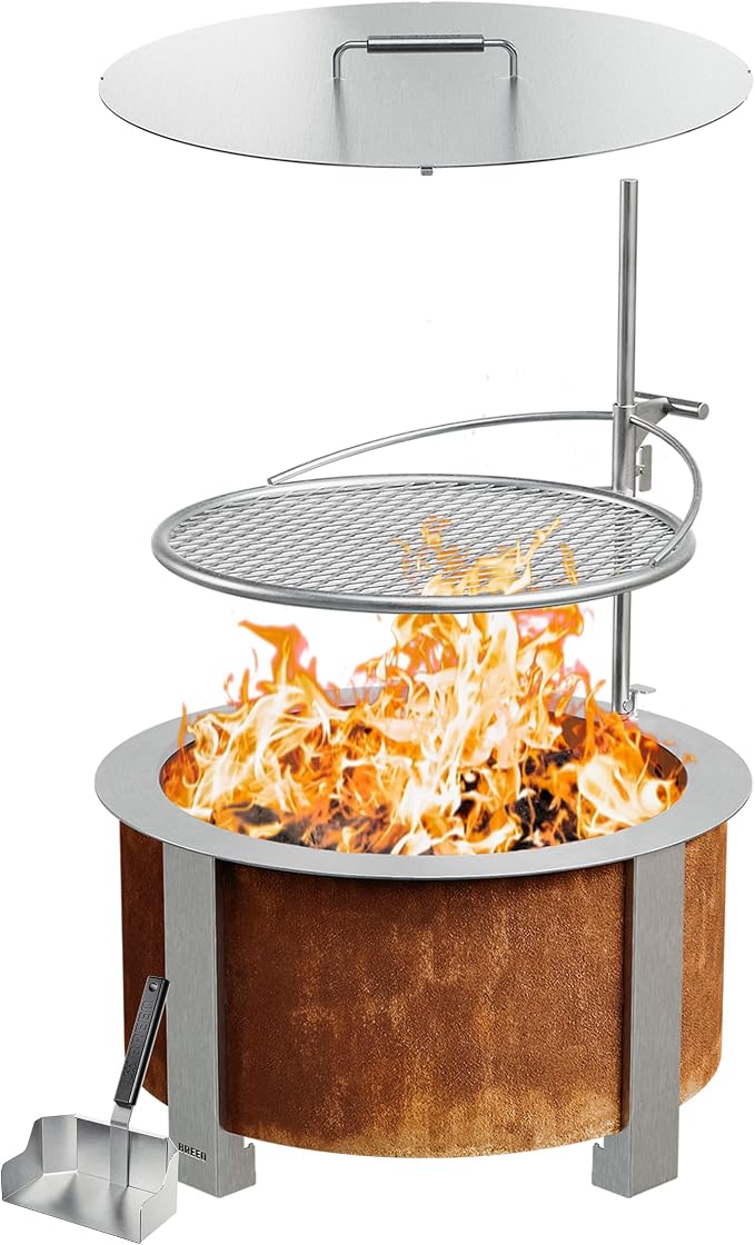 Breeo Smokeless Fire Pit Grilling Bundle (X Series 24 Corten Steel, Outpost Grill, Ash Shovel, & Lid) | 27.5 inch Smokeless Firepit for Outside | Ideal for Families