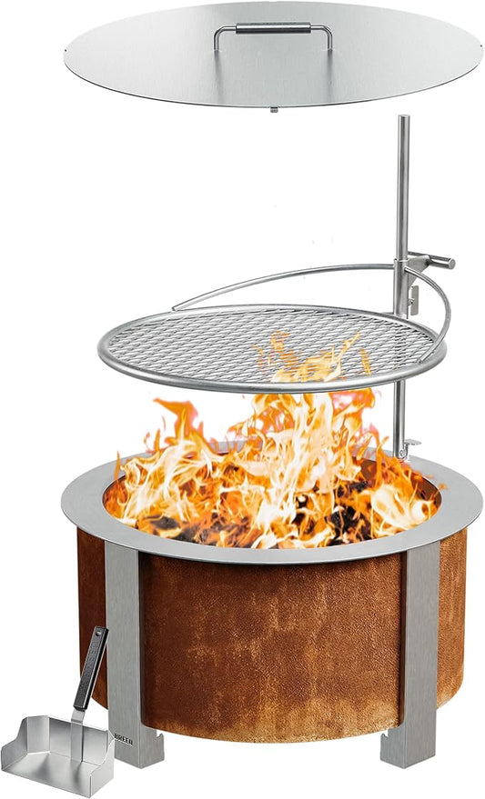 Breeo Smokeless Fire Pit Grilling Bundle (X Series 24 Corten Steel, Outpost Grill, Ash Shovel, & Lid) | 27.5 inch Smokeless Firepit for Outside | Ideal for Families