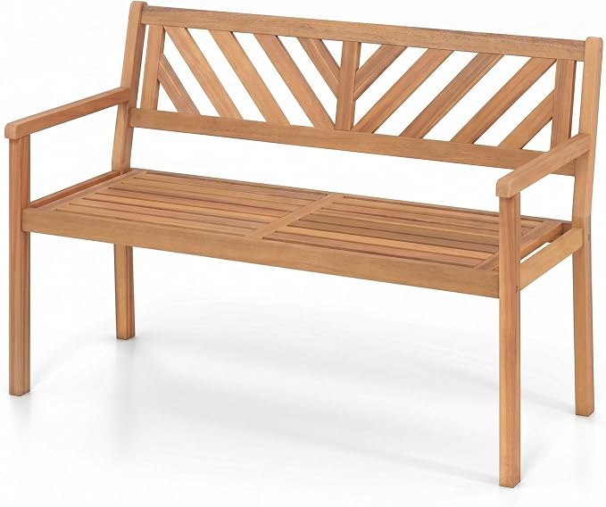 Giantex 2-Person Outdoor Bench, 47" Patio Acacia Wood Loveseat with Slatted Seat, Armrests & V-Shaped Backrest, Wooden Garden Seating for Backyard, Porch, Deck, Poolside