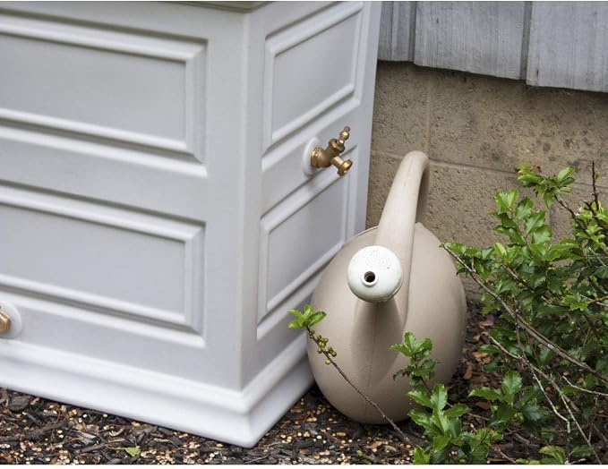 Good Ideas Savannah Colonial Style 42 Gallon Rain Saver Barrel with Self-Draining Garden Planter and Brass Spigots, Light Gray