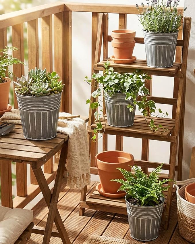 vensovo 6 Inch Silver Metal Rustic Flower Pots - 6Pcs Galvanized Planters with Drainage Hole and Rubber Plug, Rustproof Metal Bucket Plant Pots Farmhouse Vintage Style for Decor