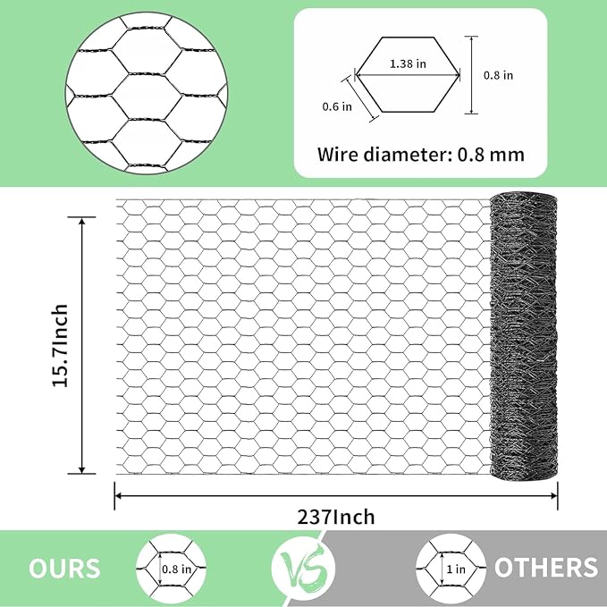 Chicken Wire 15.7 in x 237 in Poultry Wire Netting Hexagonal Galvanized Mesh Garden Fence Barrier for Pet Rabbit Chicken Fencing(PVC-Coated)