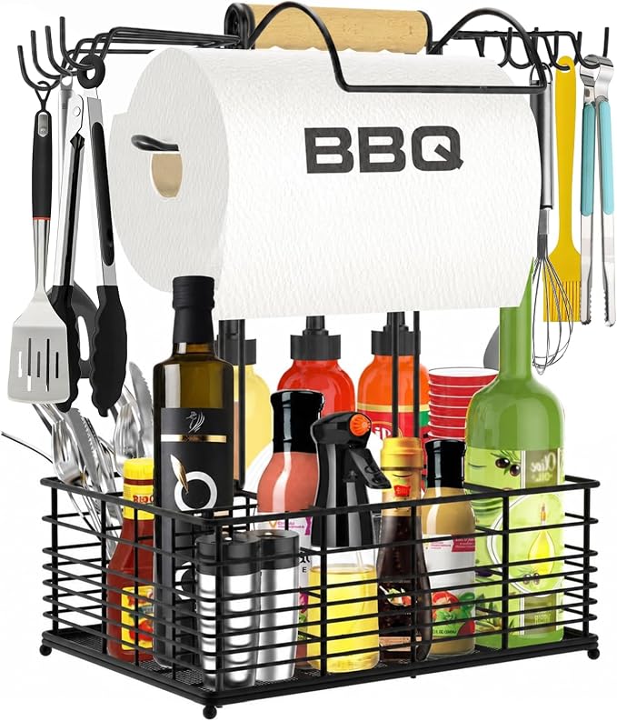 Grill Caddy, BBQ Caddy for Outdoor Grill, Upgraded Camping Accessories with Windproof Paper Towel Holder, Camping Essentials, Outdoor Kitchen BBQ Grill Accessories for Camper, Grilling Gifts for Men