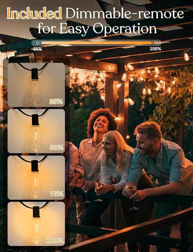 50ft Solar Outdoor String Lights with Remote - USB Rechargeable Solar Powered Outdoor Patio Lights, Larger 1.5W Solar Panel, Timer, Dimmable Shatterproof ST38 Bulbs for Backyard, Garden, Pool