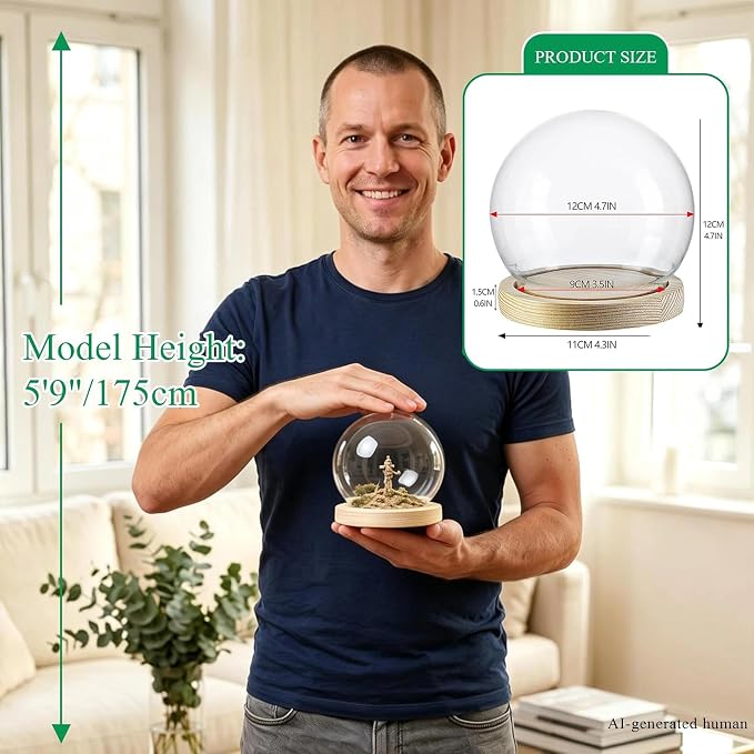 ZEERSHEE Glass Display Dome Cloche with Wooden Base, 4.7" Round Bell Jar | Clear Glass Cover with Secure Wood Base, Perfect for Plants, Collectibles, Desserts & Home Displays