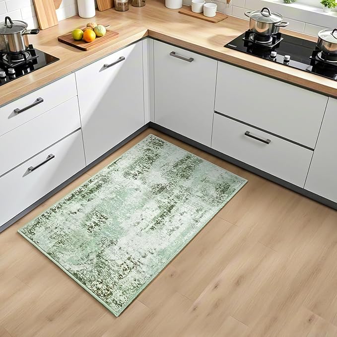 Green Washable Small Area Rug, 2x3 Abstract Non-Slip Door Mat, Modern Low Pile Indoor Entryway Rugs, Stain Resistant Throw Carpet for Front Door, Kitchen, Entry, Inside Entrance
