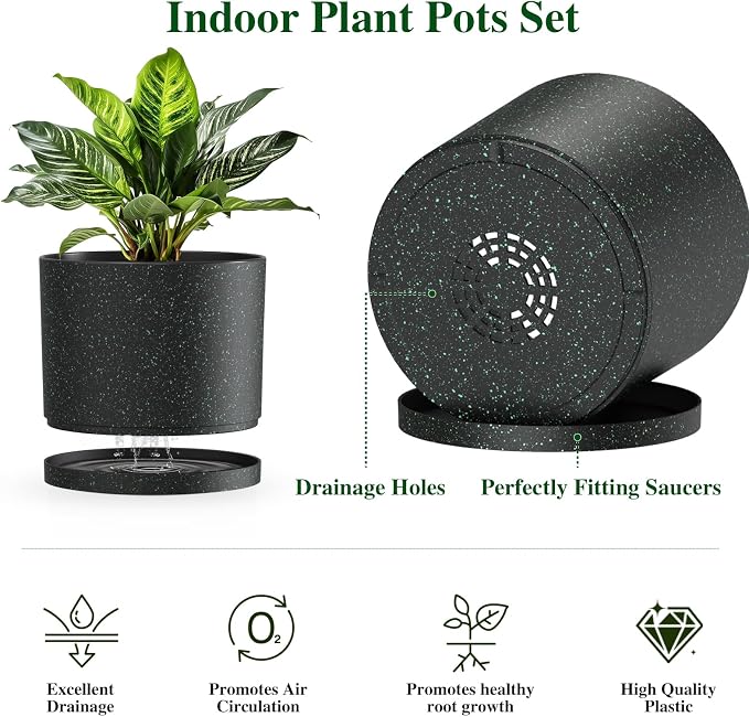 Plant Pots, 10/9/8 Inch 3 Pack Cylindrical Flower Pots with Drainage Holes and Saucers, Plastic Planters for Outdoor Indoor Plants, Black with Green Speckles