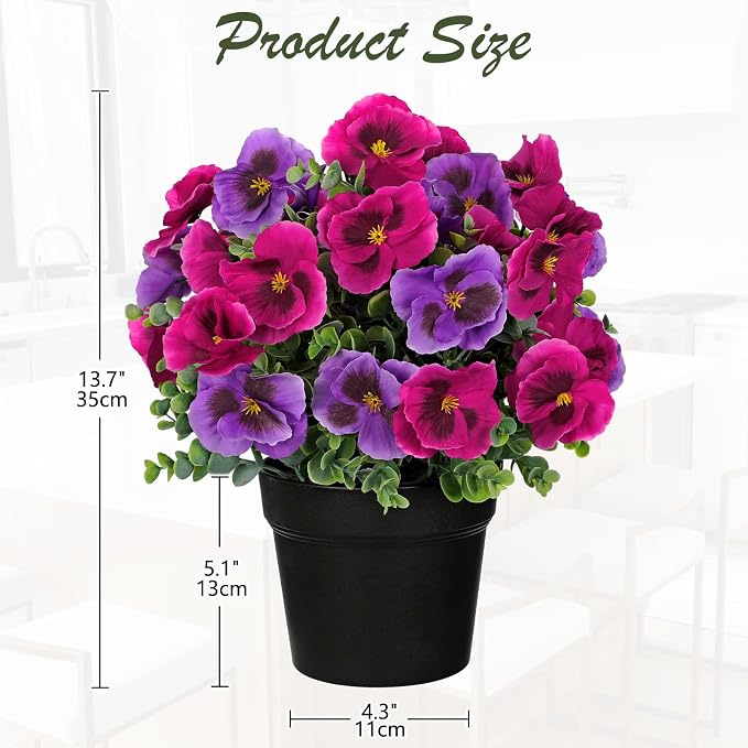 Briful Pansy Artificial Flowers, 13.7’’ Realistic Faux Pansy Flower in Black Pot, Fuchsia Fake Flowers for Indoor Outdoor Decor, Farmhouse Table Decor, All Seasons Flowers for Home Dining Porch Décor