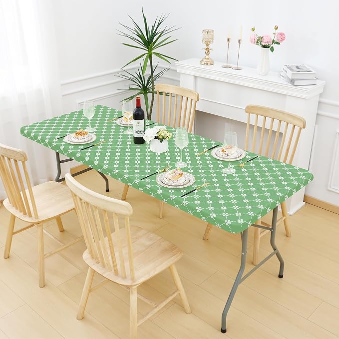 misaya Rectangle Vinyl Table Cloth, Elastic Fitted Tablecloth with Flannel Backing, Waterproof Plastic Table Cover Fits 8 Foot Folding Tables for Picnic, Camping and Outdoor (Sage Green, 30" x 96")
