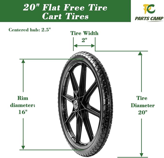 Parts Camp 20" Flat Free Tire Cart Wheels Replacement Rubbermaid Wheelbarrow Wheels Garden Cart Replacement Wheel With 5/8" 3/4" Bearing For Utility Carts/Lawn Cart/Wheelbarrow 2PACK