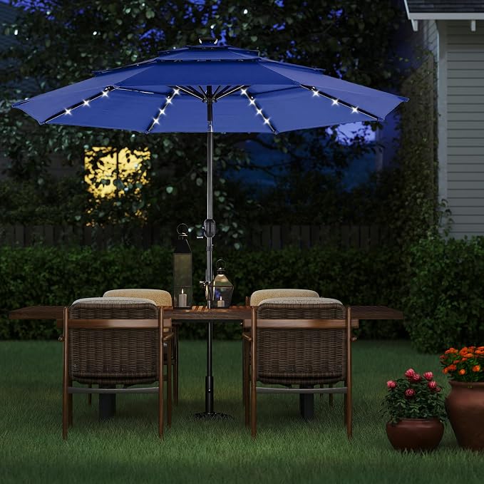 DUMOS Outdoor Solar Patio Umbrella 3 Tiers with 32 LED Lights, Beach Market Table Umbrella with Crank and 8 Sturdy Ribs for Pool, Terrace, Restaurant