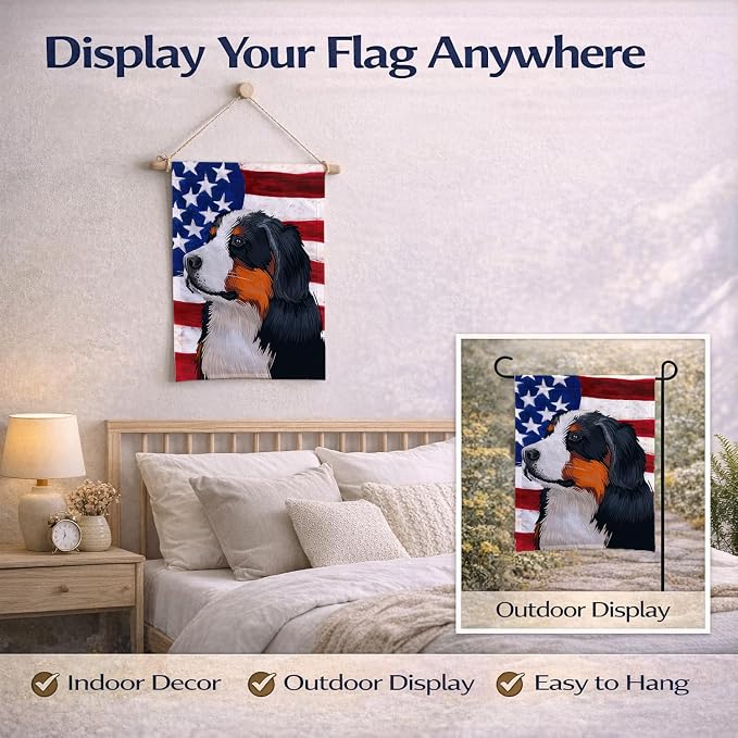 Caroline's Treasures CK6433GF Bernese Mountain Dog American Flag Garden Flag Mailbox Flag Decorative Yard Flag Banner Outside Patio Artwork Yard Flower Beds, Garden Size, Multicolor