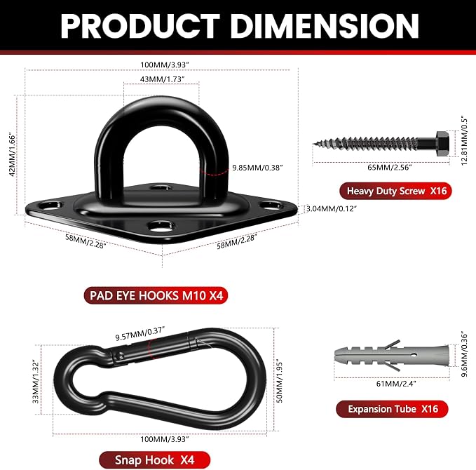 sprookber 304 Stainless Steel Pad Eye Snap Hooks, M10 Heavy Duty Ceiling Hook, 1700lb Capacity Hammock Swing Hanging kit, Plant Hangers, Marine Hardware Staple Hook Loop with Screws, Set of 8(Black)