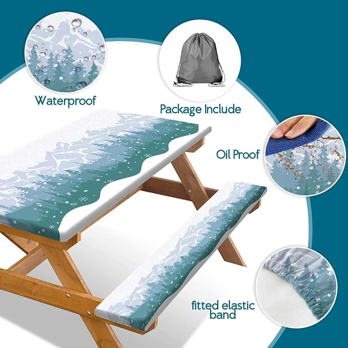Picnic Table Cover with Bench Covers Waterproof Windproof Camping Tablecloth with Drawstring Bag, Outdoor Patio Camping Essentials, 60In 3PCS, Green Blue