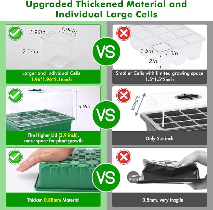 72 XL Cells Seed Starter Tray, 6 Packs Seed Starter Kit Large Size Individual Cells, Seedling Starting Trays with Humidity Dome and High Lid, Germination Kit for Indoor Greenhouse Seed Starter