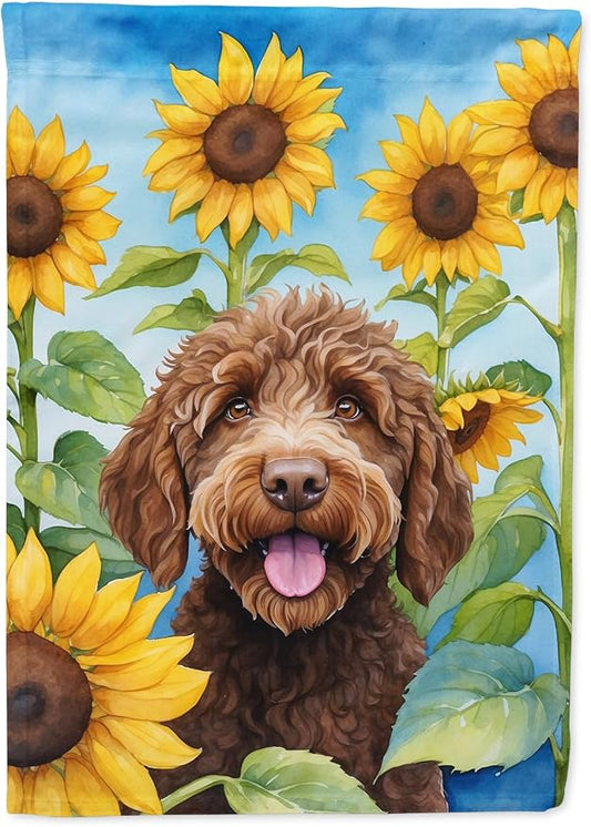 Caroline's Treasures DAC6112CHF Labradoodle in Sunflowers House Flag Large Porch Sleeve Pole Decorative Outside Yard Banner Artwork Wall Hanging, Polyester, House Size, Multicolor