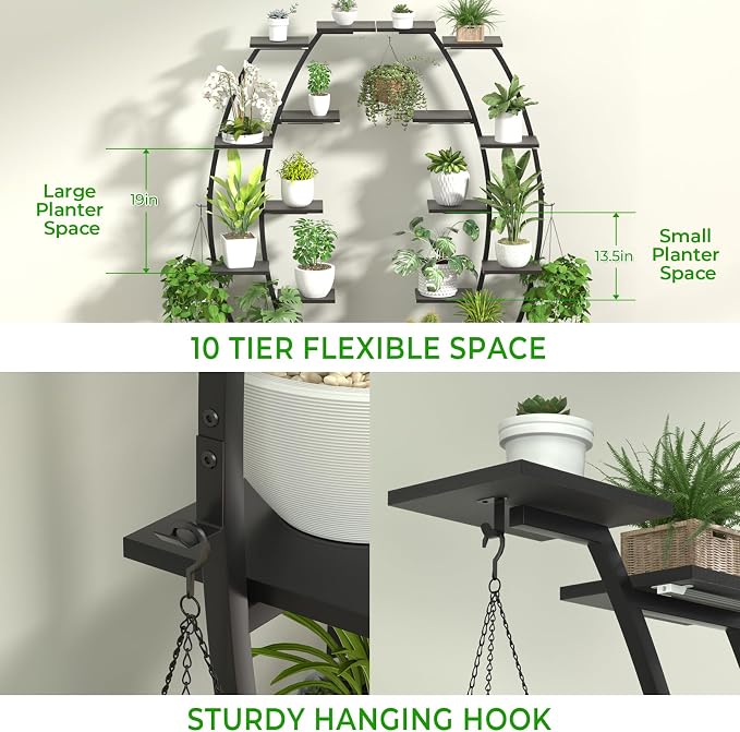 Plant Stand Shelf Indoor with 8 Grow Light, 10 Tiered 65" Tall Black Large Half Moon Lighted Plant Rack Holder, 2 Pack Big High Circular Arch Multi Herb Stand with Built in LED Grow Light Set