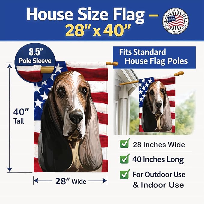 Caroline's Treasures CK6717CHF Southern Hound Dog American Flag House Flag Large Porch Sleeve Pole Decorative Outside Yard Banner Artwork Wall Hanging, Polyester, House Size, Multicolor