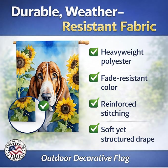 Caroline's Treasures DAC6017CHF Basset Hound in Sunflowers House Flag Large Porch Sleeve Pole Decorative Outside Yard Banner Artwork Wall Hanging, Polyester, House Size, Multicolor