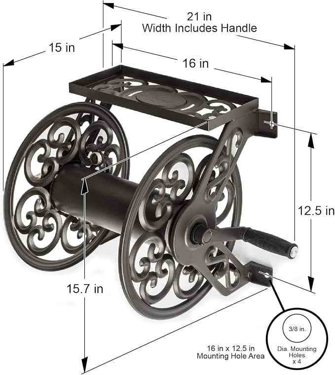 Liberty Garden 708 Steel Decorative Wall Mount Garden Hose Reel, Holds 125-Feet of 5/8-Inch Hose - Bronze