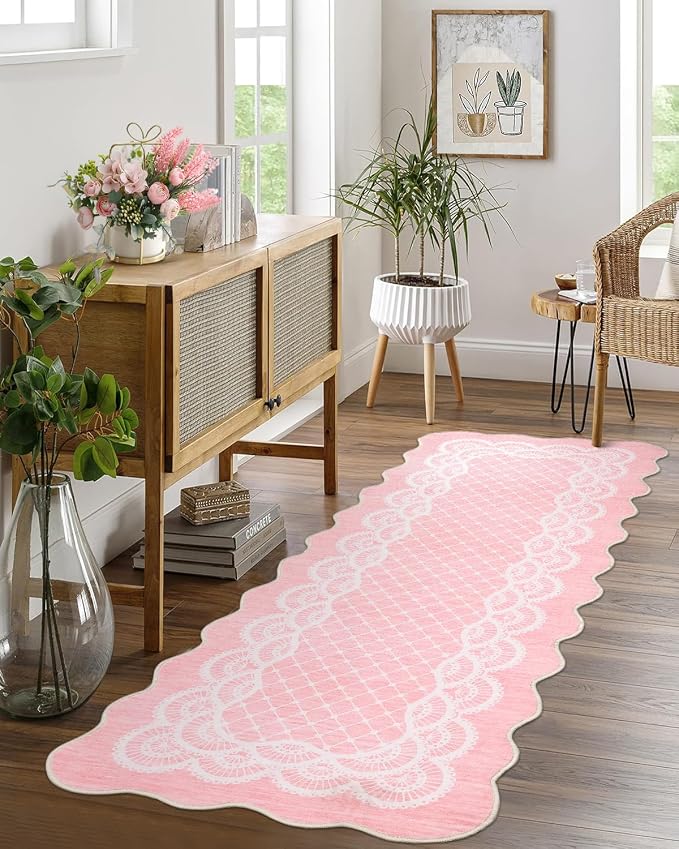 Garvee Washable Rug Runner 2x6 Scalloped Hallway Kitchen Rugs Pink | 2x6 Rugs Runner, Non-Slip Modern Bedside Rug, Non-Shedding Low Pile Carpet Runners for Laundry Room Entryway Nursery