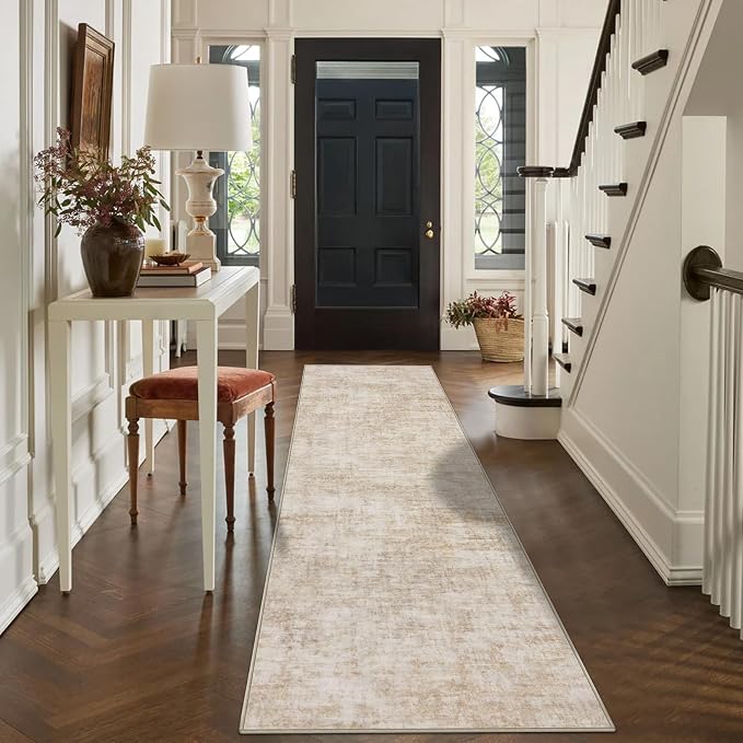 2'6''x8' Runner Rugs Washable Rug: Modern Abstract Hallway Beige Carpet | Non-slip TPE backing makes this washable soft low-pile rug safe & durable, Pet-friendly decor for dining room,nursery,office