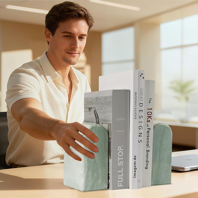 Marble Bookends for Shelves, Decorative Book Ends, 13lbs Heavy-Duty Marble Book Holders, Stone Bookshelf Decor, Light Green