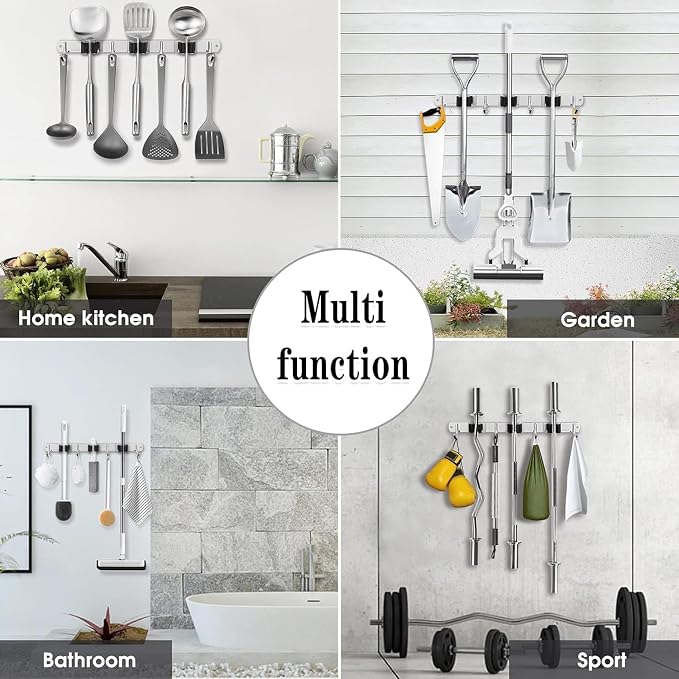 2 Pack 3 Racks and 4 Hooks Broom and Mop Holder Wall Mounted Garage Organizer Storage Tool Racks Stainless Steel Heavy Duty Hooks Self Adhesive Solid Non-slip Wall Hangers for Home Kitchen Garden | Mop Holder Wall Mount and Broom Hanger for Garage, Lau...