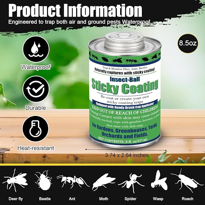 Insect Trap Sticky Coating with Brush and 12 Pcs Plastic Cups, 8 oz Insect Barrier Kit Outdoor DIY Adhesive Coating Pests for Gardens Greenhouses Orchards Plants(Biting Fly Trap Kit)