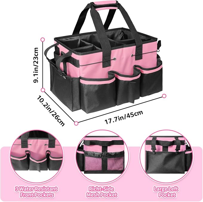 Large Wearable Cleaning Caddy Bag – Waterproof Tote with Multiple Compartments, 4 Detachable Dividers, Adjustable Shoulder Strap & Waist Belt, Heavy-Duty Organizer for Housekeepers, Home, Car -Pink