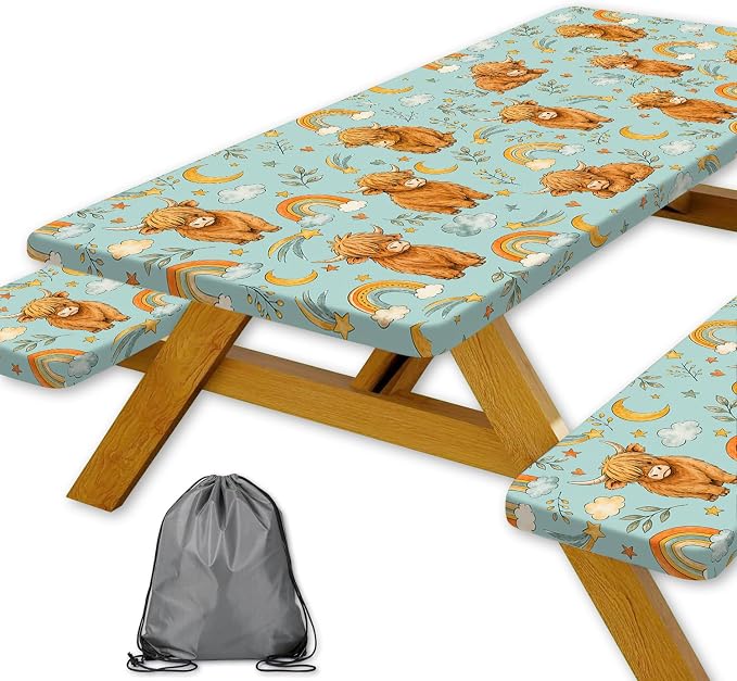 Picnic Table Cover with Bench Covers and Bag, Cute Cow Camping Essentials Waterproof Windproof, Fitted Tablecloth Cover with Elastic Edge, for Indoor & Outdoor, Camping, 3 Pieces Set, 30x96 IN