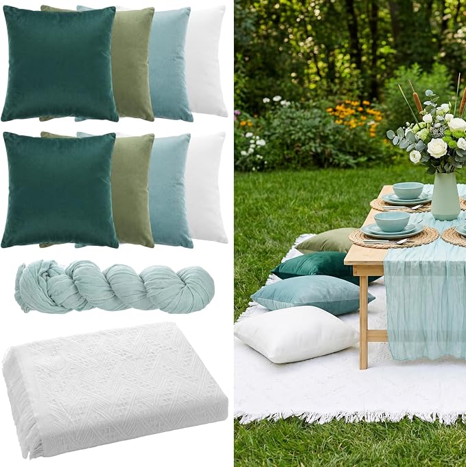 Moukeren 10 Pcs 71''x102'' Extra Large White Outdoor Boho Picnic Blanket with Table Runner and 8 Throw Pillow Covers Oversized Washable Portable Beach Blanket for Picnic Camp Lawn Wedding