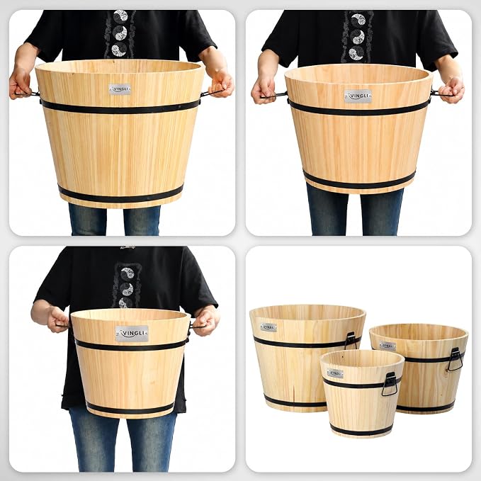 VINGLI 3 PCS Large Wooden Planter Barrel Set, 11.5"(Dia)- 18"(Dia), Real Wood Flower Pot with Drainage Holes, Different Sizes, Large Garden Container Box, Indoor & Outdoor (Honey)