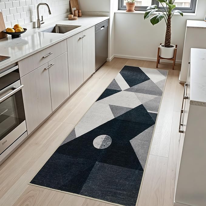 Joydeco 2x6 Geometric Washable Hallway Runner Rug, Black Grey White | Modern Non-Slip Low Pile Soft Stain Resistant Dark Gray Pet Child Friendly Carpet for Bedroom Entryway Kitchen Laundry Room