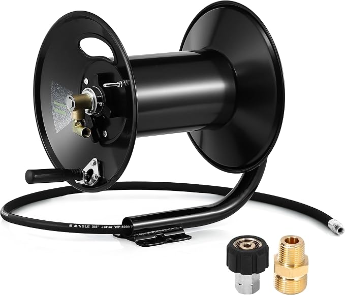 M MINGLE Pressure Washer Hose Reel 200ft x 3/8" / 350ft x 1/4", 4000 PSI | Heavy Duty Steel Hose Reel, Manual Crank Power Washer Hose Reel with Swivel Arm, 3/8" NPT Outlet Pipe