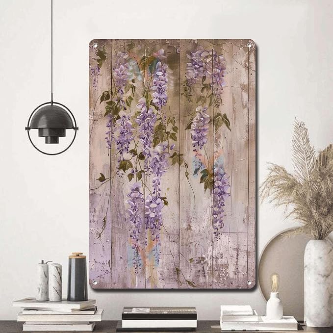 Metal Sign Tin Sign Vintage Wall Art Shabby Chic Wisteria Tin Sign for Antique Garden Charm Rustic Wall Art and Distressed Wood Panels Funny Bathroom Wall Decor for Room 12×16 Inches