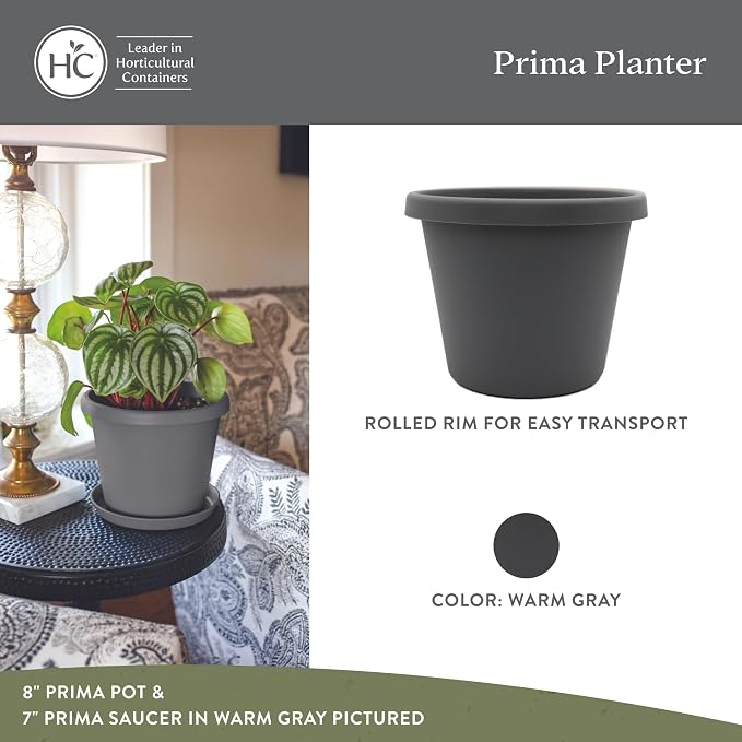The HC Companies 12 Inch Prima Round Planter Pots with Drainage Holes and Rolled Rim, Lightweight UV-Resistant Plastic Indoor & Outdoor Planters, 2-Pack Flower Pots for Garden & Home Decor, Warm Gray