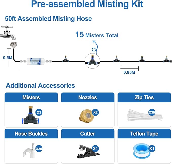 POCKET PANDA Pre-Assembled Misters for Outside Patio,Outdoor Misting Cooling System,50FT|15M.Backyard Mist Kit for Garden,Greenhouse,Deck,Umbrella,Canopy,Pool,Porch,Trampoline,Park