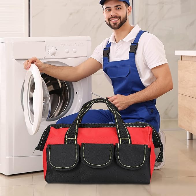 Sanwuta 3 Pack Tool Bag for Men with Waterproof Hard Bottom, Heavy Duty Tool Bag Wide Mouth Tote for Various Instrument, Electrician Carpenter Mechanic(Red,16 Inch,Classic)