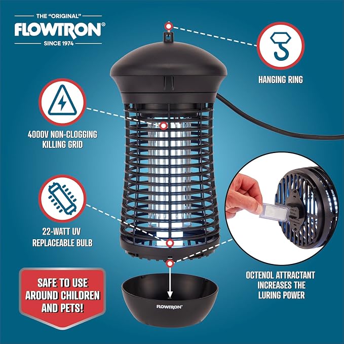 Flowtron Outdoor Bug Zapper | 4000 Volt Electric Insect Killer with 1/2 Acre Coverage | Non-Clogging Shock Grid | Kills Mosquitoes Flies & Flying Insects | Patio Deck Yard Camping | ETL Certified