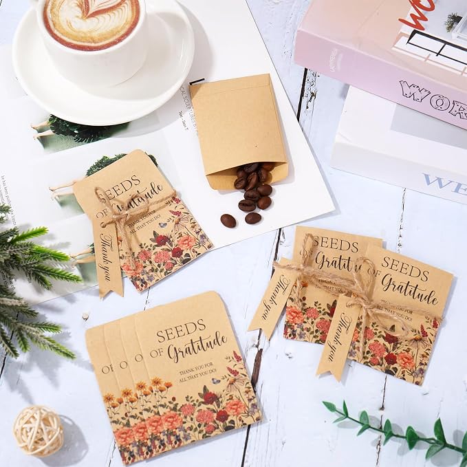 JarThenaAMCS 50 Sets Spring Wildflower Seed Packets Seeds of Gratitude Adhesive Kraft Envelopes Floral Seed Storage Bags with Thank You Tags for Guest Birthday Wedding Party Favors(No Seeds Include)