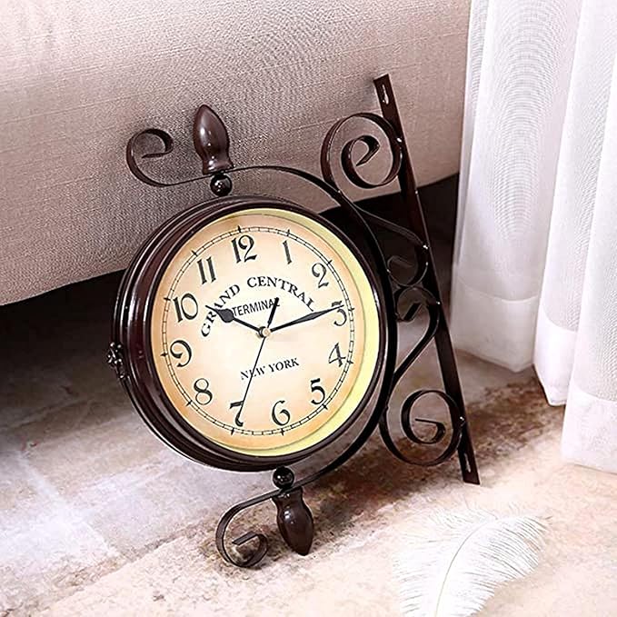 Vintage Wall Mounted Clock Outdoor Double Sided Clock, Metal Vintage Double Sided Hanging Clock, for Patio, Garage, Outdoor Area Antique Look Train Station Clock Two Sided Clock for Indoors/Outdoors