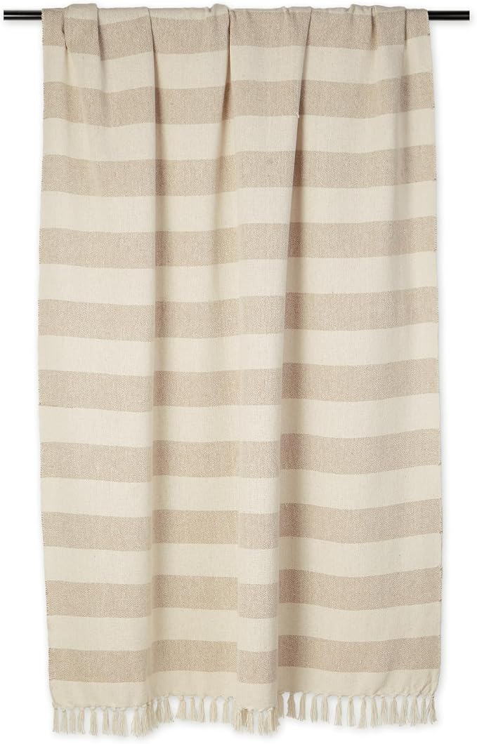 DII Rustic Farmhouse Cotton Cabana Striped Blanket Throw with Fringe, 50 x 60 - Cabana Striped Stone