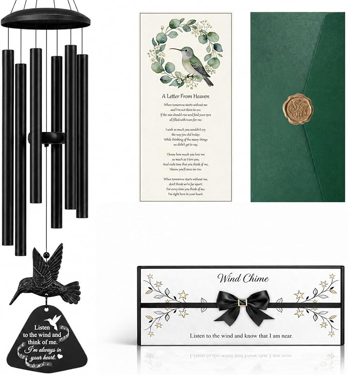 36" Memorial Wind Chimes for Outside, Sympathy Gift for Loss of Loved One, Hummingbird Wind Chime for Mom Dad, Bereavement Remembrance Funeral Condolence Gift（Black）