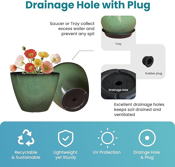 Vanslogreen 8 inch Flower Pots for Indoor Plants, 4 Pack Plastic Plant Pots for Plants with Drainage Holes, Indoor Planter for Outdoor Plants Garden Home Decor, Green