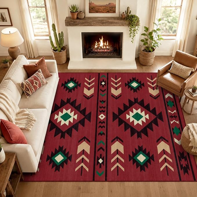 9x12 Area Rug for Living Room Western Rug Southwestern Aztec Tribal Rugs Southwest Navajo Machine Washable Non-Slip Printed Low-Pile Floor Carpet for Bedroom Dining Room Office, Red