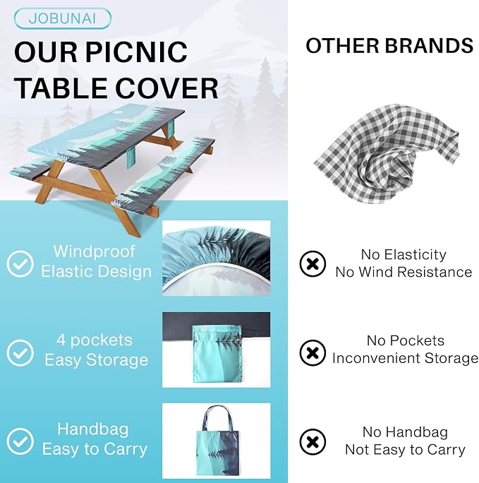 Jobunai Fitted Picnic Table Cover with Bench Covers Elastic Water Proof Outdoor Camping Tablecloth for 8 Foot Rectangle Tables Roadtrip Summer Organization Rv Car Essential Holiday Gifts for Campers