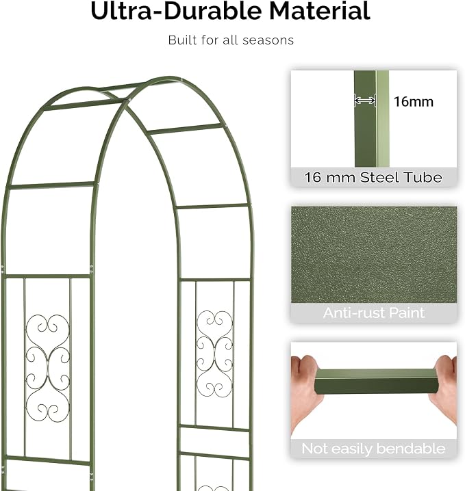 Outvita Garden Arch Trellis with Base, Heavy Duty Metal Arbour Archway for Climbing Plants Outdoor, Wedding Ceremony Party Patio Decor Olive Green
